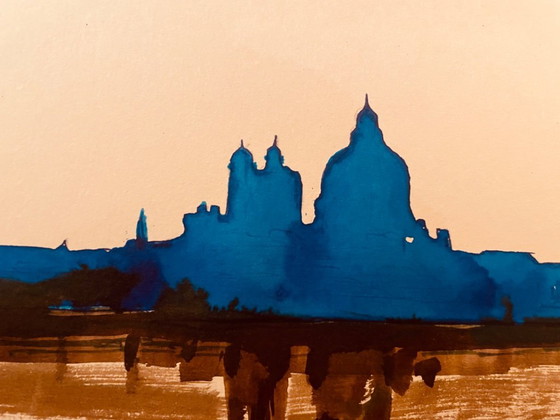Image 1 of Acuarela bicolor firmada "Crepúsculo sobre Venecia"