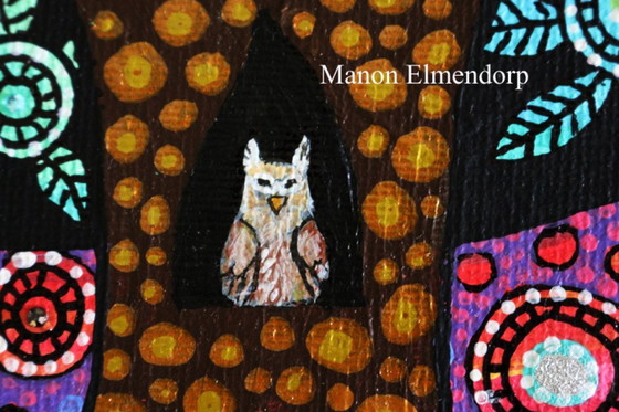 Image 1 of Piccolo gufo dalle lunghe orecchie, dipinto a mano, unico nel suo genere, 18x24 cm.