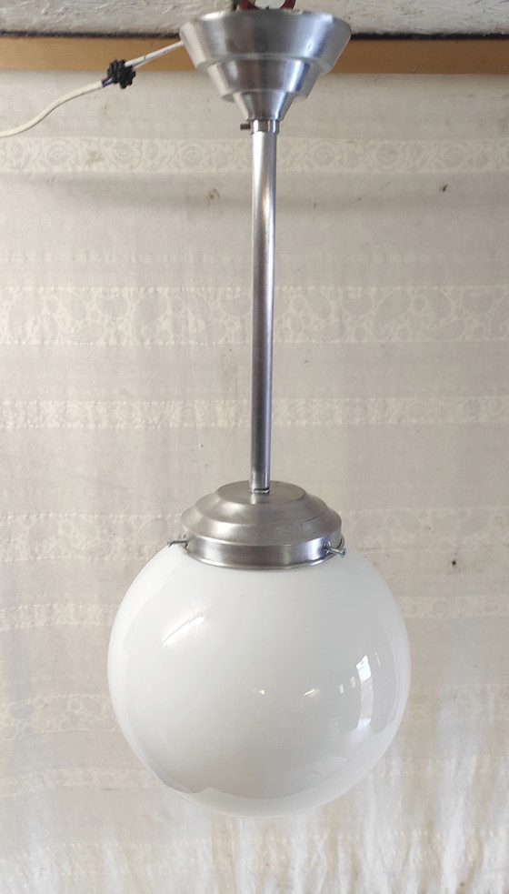 Image 1 of Bauhaus style pendant light in aluminum and opaline globe diam. 25 cm - mid. 20th century 