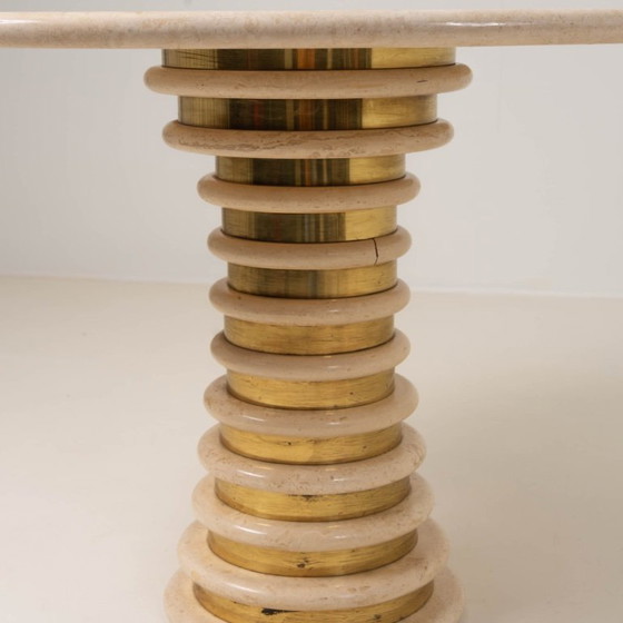 Image 1 of Travertine and Brass Pedestal Dinning Table Marzio Cecchi 