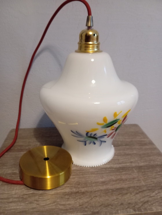 Image 1 of White Opaline Hanging lamp Floral design, 60'S