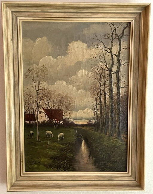 Landschap olieverfschilderij met schapen en huis