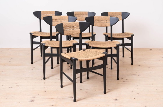 Image 1 of Set van 6 Scandinavische moderne eetkamerstoelen, met touwzitting en -rugleuning, jaren 60