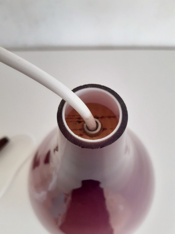 Image 1 of Drop glass mcm pendant lamp, white opal glass with purple top coat, scandinavian design