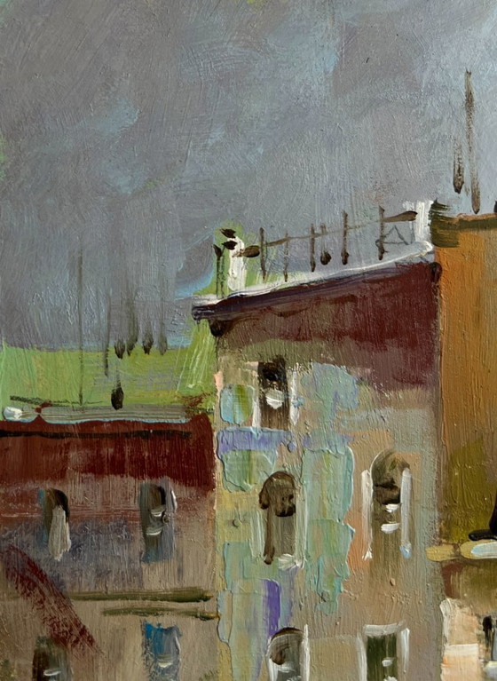 Image 1 of Original Oil Painting Gray City Landscape Shadows of a City Street