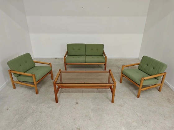 Complete modernist green chalet living room, Czechoslovakia 1970. – Lounge sets, Wood, Mid Century Modern (photo 2 of 9)