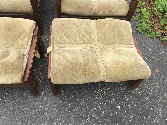 Mid Century Wood & Leather Armchairs With Pouf, Set of 4 – Mid Century Modern (photo 4 of 10)