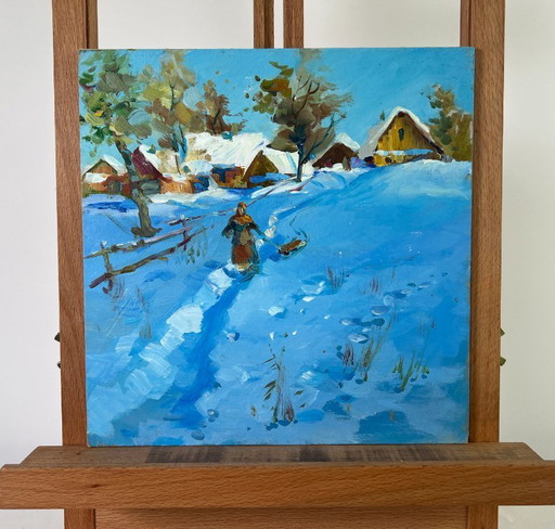 Pintura al óleo original: Paisaje de pueblo nevado. Cuento de una tarde de invierno.