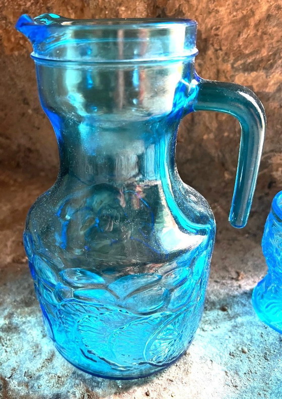 Image 1 of Vintage Fidenza Vetraria Italy kan en 3 blauwe glazen, jaren 50