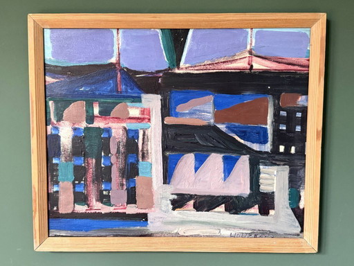 Dipinto a olio originale astratto degli anni '50 'Abstract Metropolis' di Tore Hultcrantz