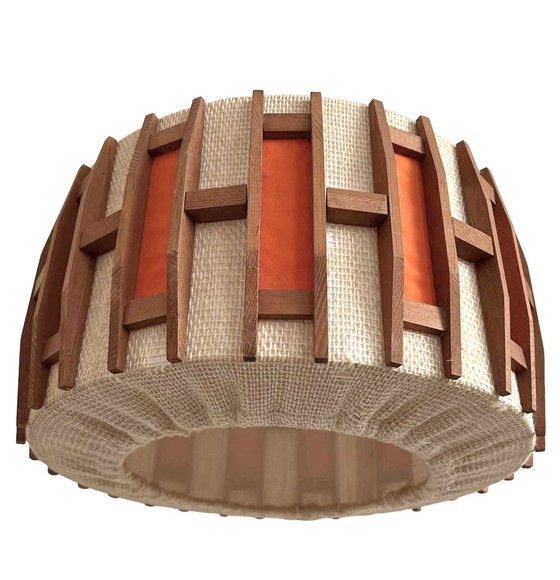 Image 1 of Vintage Scandinavische hanglamp retro jute teak oranje 1970's