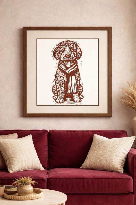 Image 1 of  Handmade Labradoodle Portrait Linocut Print