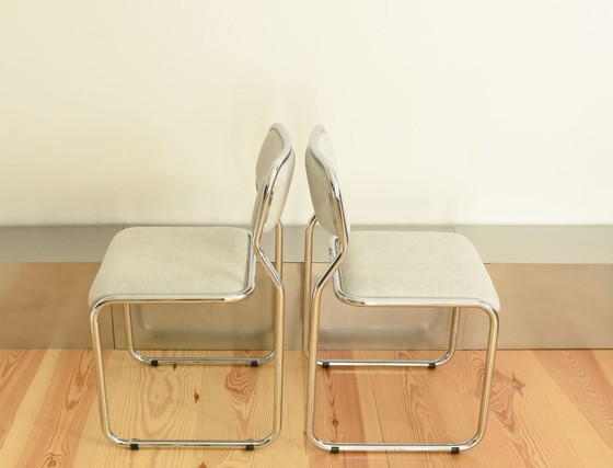 Image 1 of VINTAGE VINTAGE stalen buisvormige stoffen eetkamerstoel vrijdragend Bauhaus Modernist jaren 70