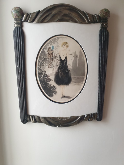 Gravure Art Nouveau dans un cadre en bois unique