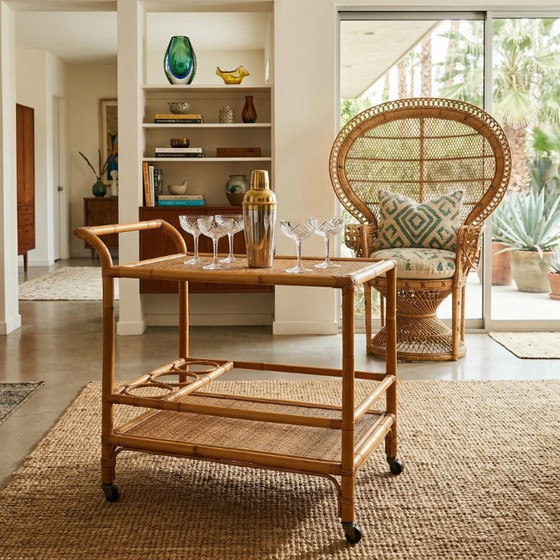 Image 1 of 1960s Italian Mid-Century Modern Bamboo & Rattan Bar Cart. Made in Italy