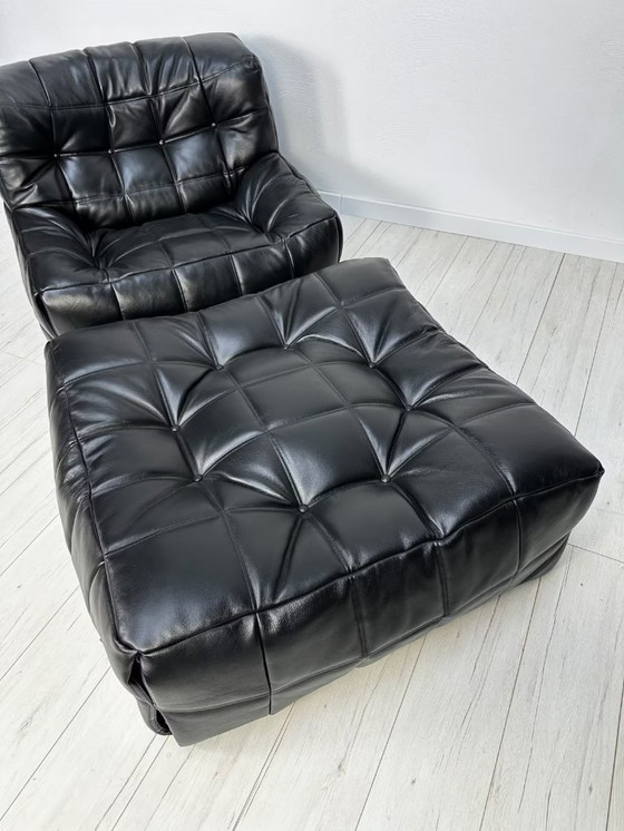 Image 1 of Vintage Leather ‘Kashima’ 1-Seater + Ottoman by Michel Ducaroy for Ligne Roset 80s