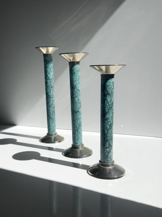 Set di 3 Portacandele Vintage effetto marmo turchese, Metallo, anni '90 (photo 6 of 6)