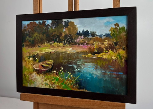 Original Oil Painting Autumn Lake Landscape Preparing for a boat trip