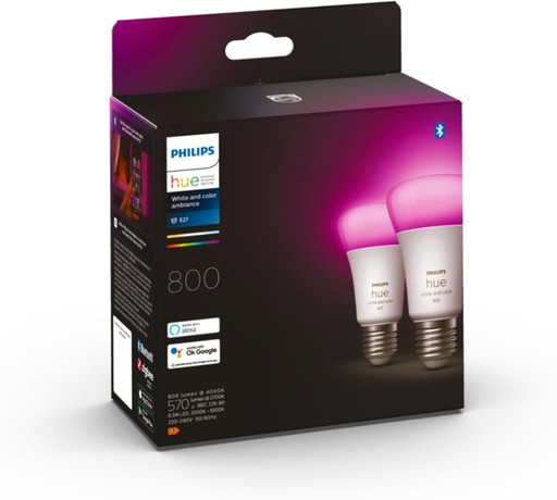 Philips Hue White & Color Ambiance Ampoules LED Connectées E27, équivalent 60W, 800 lumen, Compatible Bluetooth, pack de 2, fonc