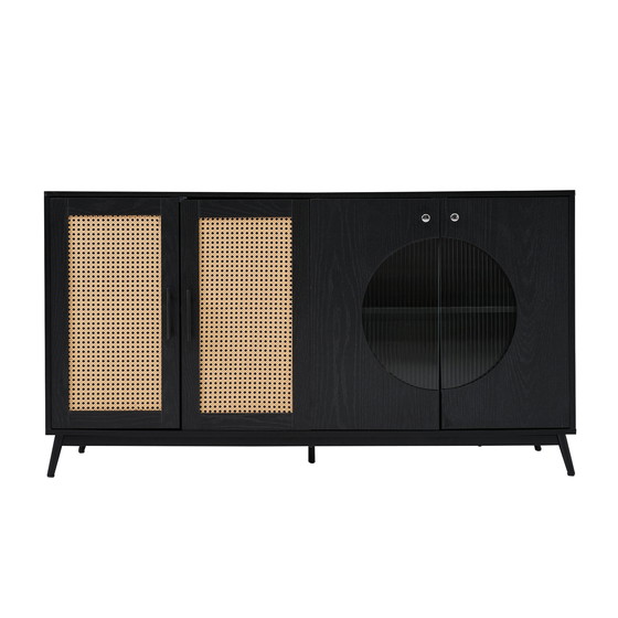 Image 1 of Credenza nera Urban Meuble con ante in vetro in rattan, anta semicircolare 160*40*80cm VELZU