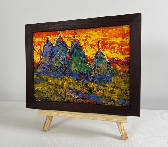 Image 1 of Original Oil Painting Sunset Field Landscape Crimson sunset in the field
