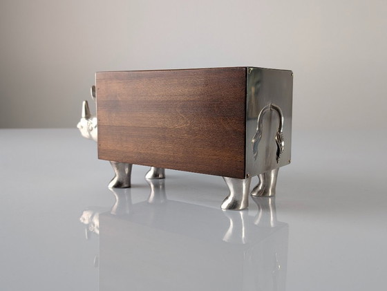 Image 1 of Almazán Rhino Bottle Holder, Mid-Century Modern Wood & Nickel Silver, 1960s