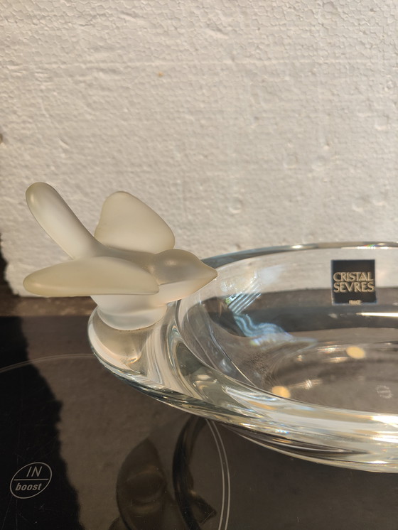 Image 1 of Coupe Ovale Cristal de Sèvres France avec 2 oiseaux, signée