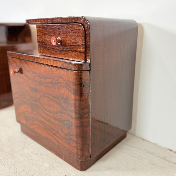 Image 1 of Set di comodini art déco marrone scuro con maniglie in bachelite