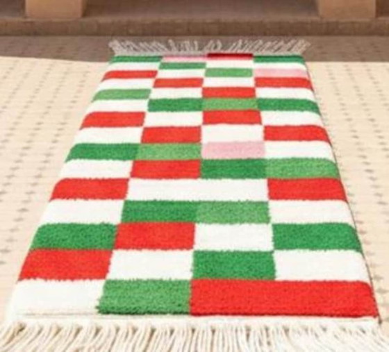 Image 1 of Christmas Moroccan Runner Rug – Red and Green Checkered Wool Hallway Runner, Handmade Berber Rug, Holiday Moroccan Decor, Cozy 