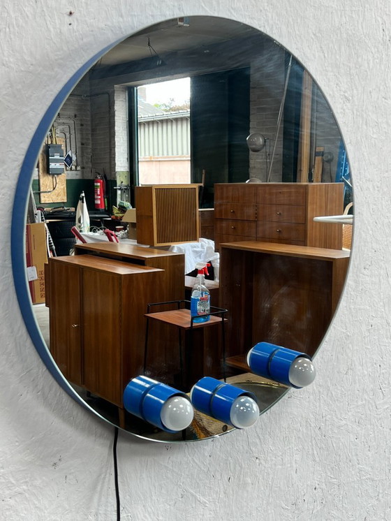 Image 1 of Specchio vintage, metallo blu, con illuminazione. Italia anni '90