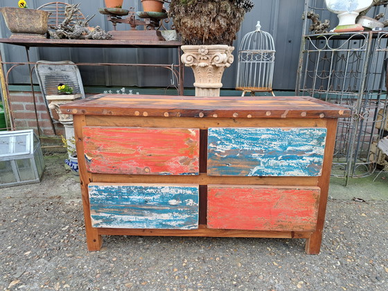 Image 1 of Kleurrijk TV Meubel, tavolino, console Gemaakt Van Sloophout Afm. 100 x 40 cm e 60 cm Hoog