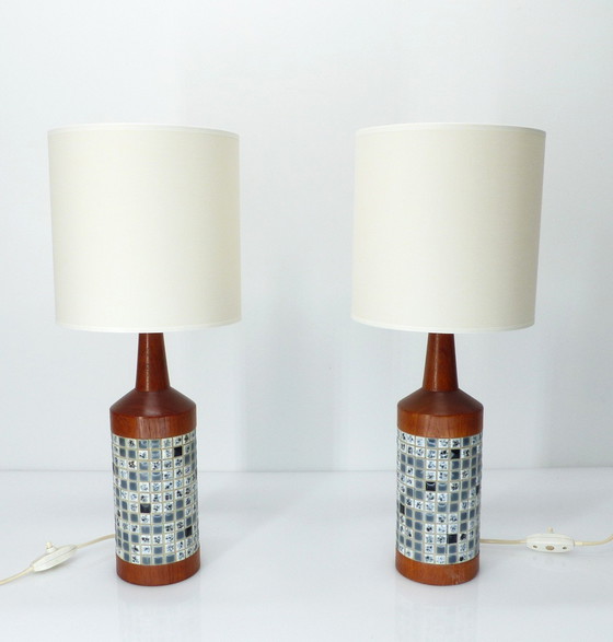 Image 1 of Pair of Scandinavian Teak and Mosaic Table Lamps, Denmark 1960