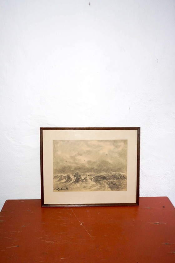 Image 1 of Antique Dutch Countryside Landscape Drawing by Pie Schmidt * 1920s * Framed * Original Sketch * Pencil Drawing