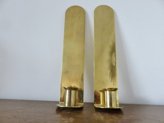 Image 1 of Paar Kerzenhalter aus massivem Messing, Dänemark, 70er Jahre
