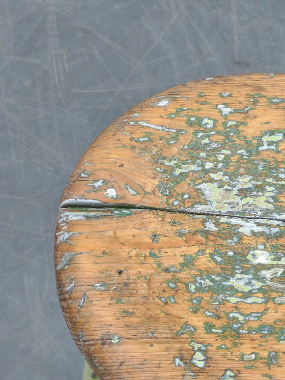Image 1 of 1940s Czech Industrial Stool with Pine Seat and Green Patina