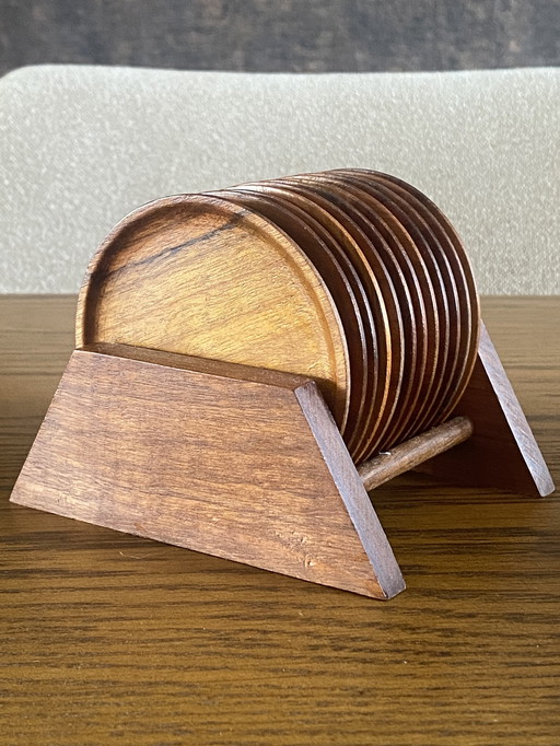 Vintage Teak Coasters in Holder Scandinavian