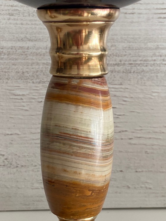 Image 1 of Duo di lampade a olio da salotto Inizio XX secolo Bronzo Terracotta Rame Giallo Cristallo