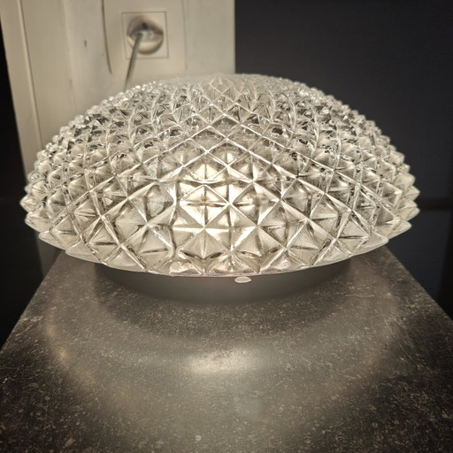 Vintage Diamond Cut Glass Ceiling Light | Mid Century Flush Mount | Space Age Style | 26 cm