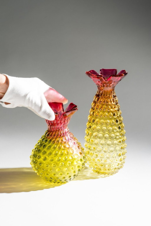 Frantisek Koudelka Skrdlovice Glassworks “Ananas” Raro DÚO de vidrio artístico checo