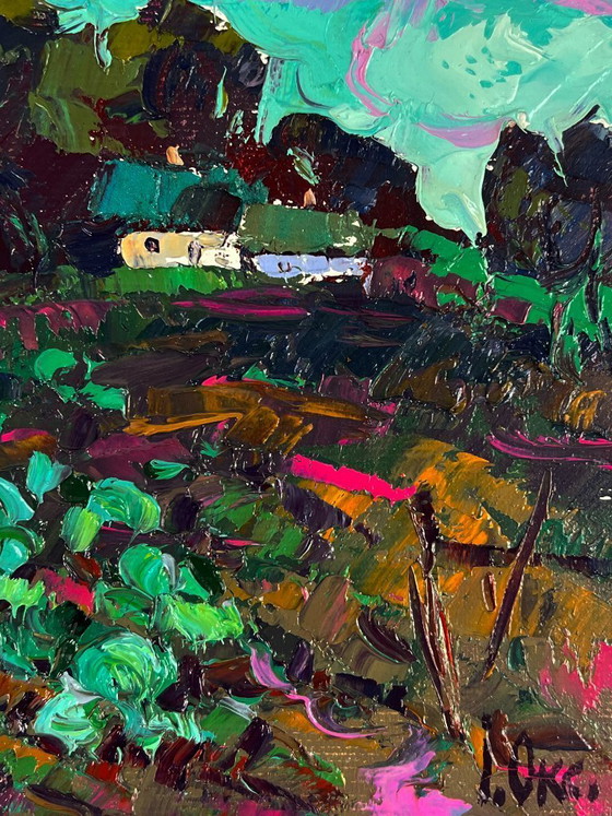 Image 1 of Original Oil Painting Rural Landscape Vegetable Garden in Front of the House