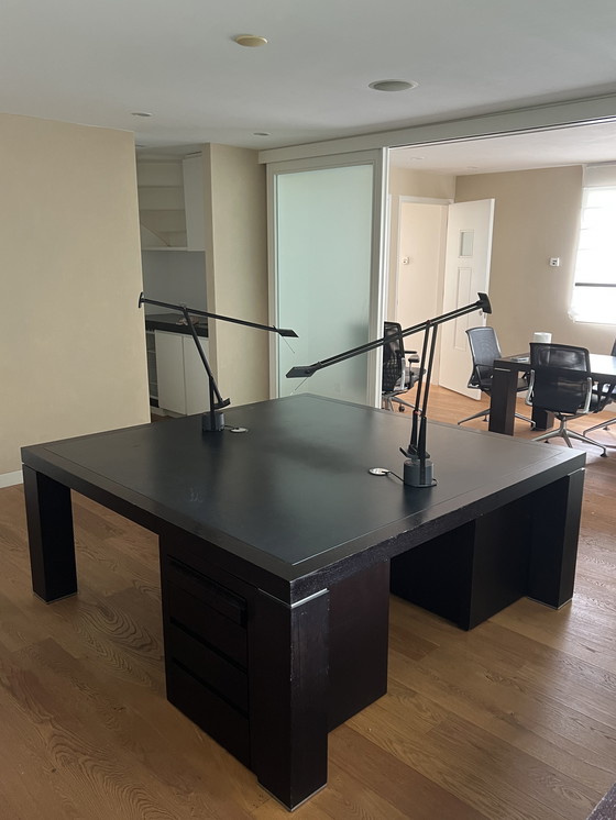 Image 1 of Double wooden desk with leather inlay and drawer units