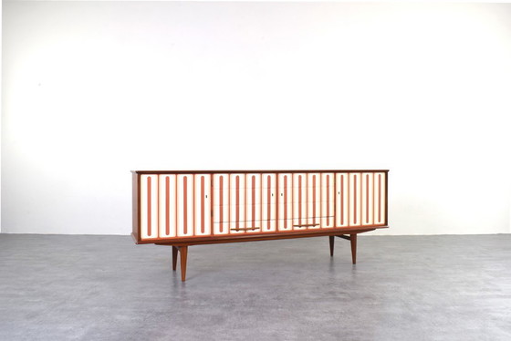 Image 1 of Mid Century Op-Art Handbemaltes Teakholz Sideboard, 1960er Jahre