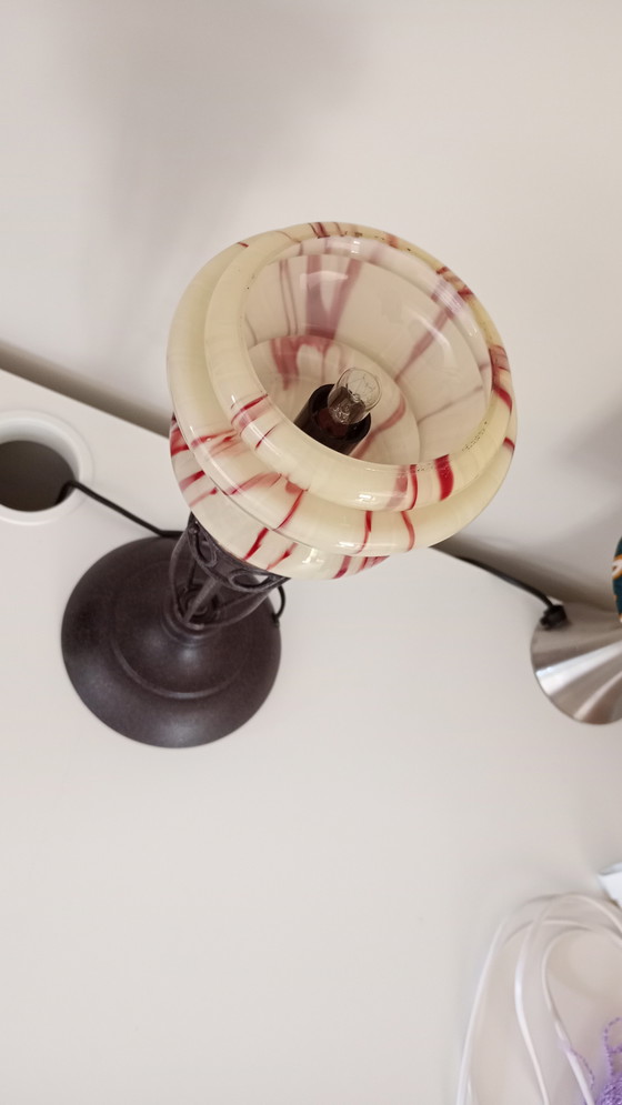 Image 1 of Lampe de table vintage italienne - style Art Déco - abat-jour en verre soufflé à la bouche