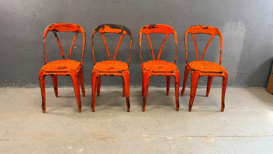Image 1 of Set van vier industriële metalen eetkamerstoelen van Joseph Mathieu, gelakt staal, jaren 1920, Frankrijk