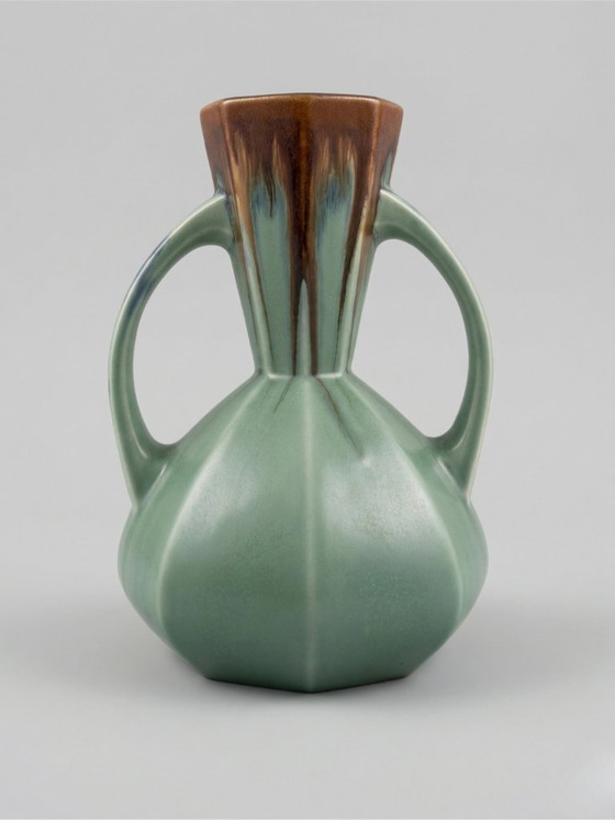 Image 1 of Art Deco vaas – De Bruyn Pottery – Frankrijk – Groen & bruin gegoten glazuur – 19 cm