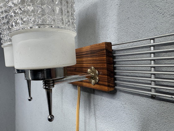 Image 1 of Lampada da parete vintage con tubi di vetro e piastra posteriore in legno