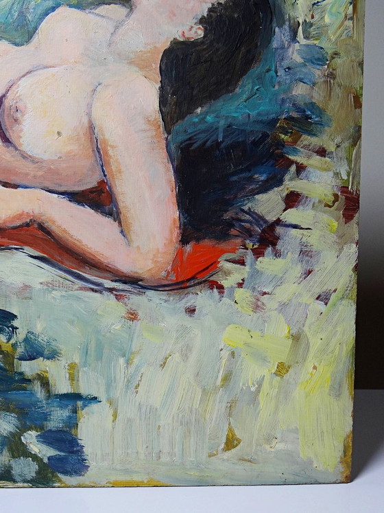 Image 1 of Small painting of a reclining nude woman, modern oil on vintage panel