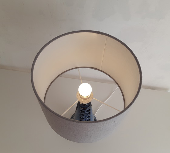 Image 1 of Beautiful Table Lamp With Blue Vintage Lamp Base By Michael Andersen, Scandinavian Design And Handmade Gray Blue Lampshade