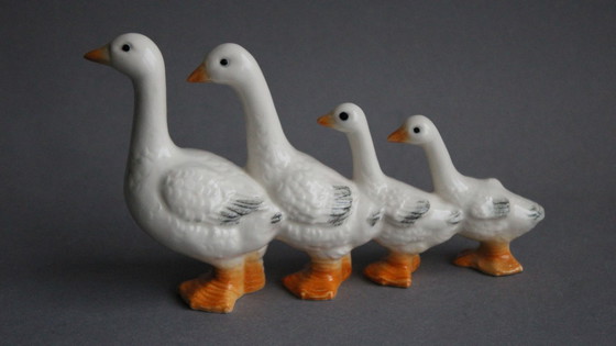 Image 1 of Goebel cute goose family in single file, vintage art ceramic from the 1960s