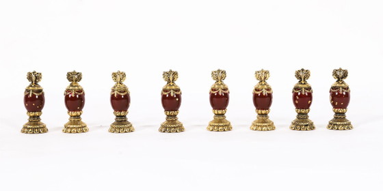 Image 1 of Jeu d'échecs Fabergé vintage en noyer, marbre d'Amboine et malachite, XXe siècle